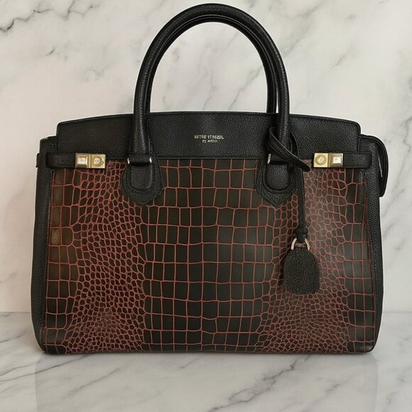 henri bendel Handbags - Henri Bendel Red Black Crocodile Print Leather Handbag